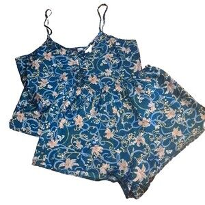 Fredericks of Hollywood Satin Pajamas Top Shorts Teal Green Pink Floral Bows M